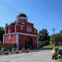 Italian Vespa group in front of the Krusedol Monastary